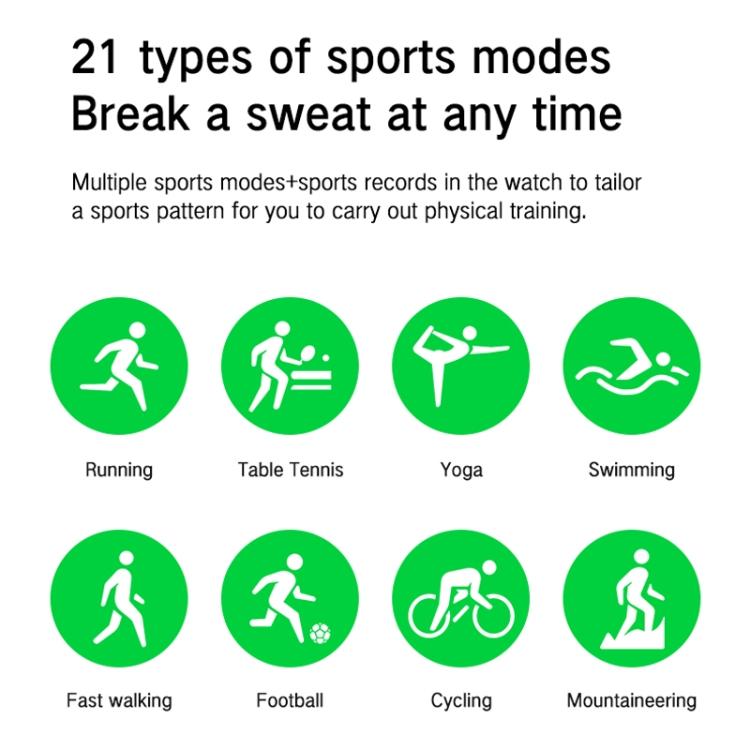 Square smartwatch with sports mode options for running, tennis, yoga, swimming, and cycling