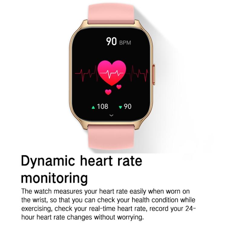 Gold-tone square smartwatch with pink silicone band displaying heart rate data