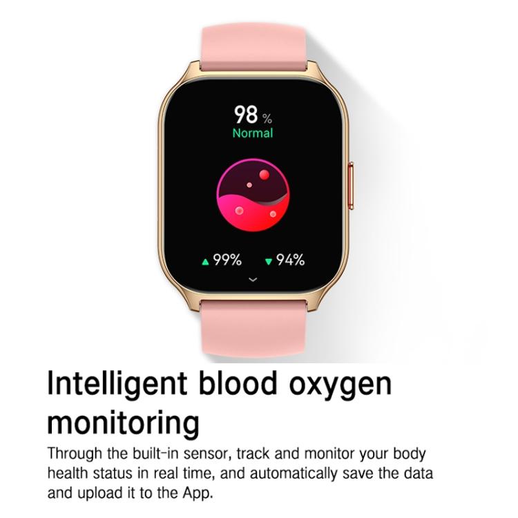 Gold-tone square smartwatch with pink silicone band displaying blood oxygen data