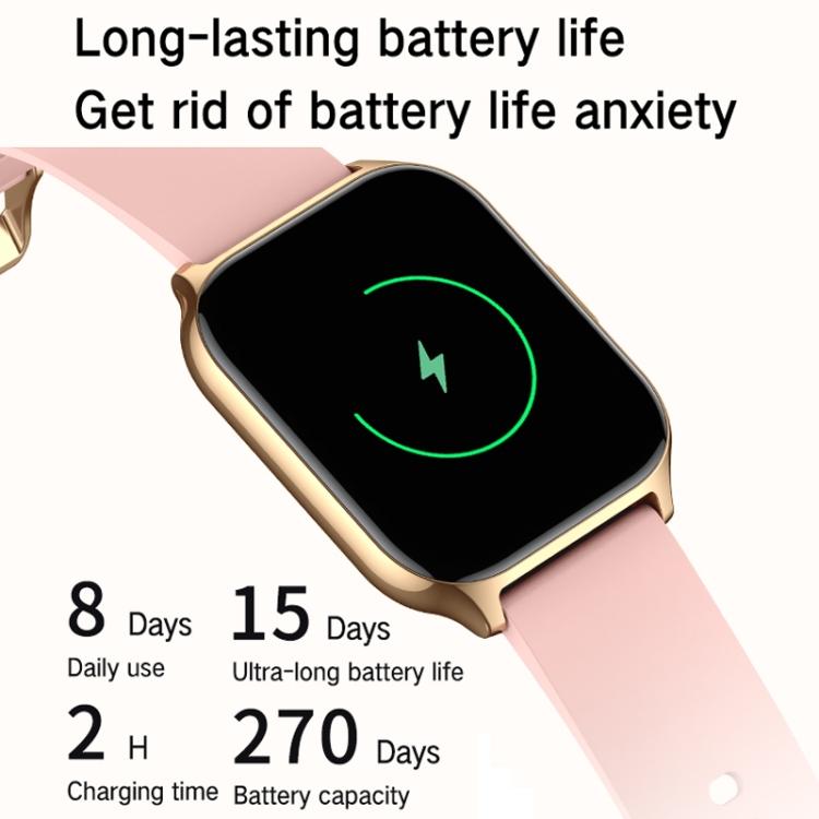 Square smartwatch with gold-tone case, pink silicone band, and battery indicator on screen