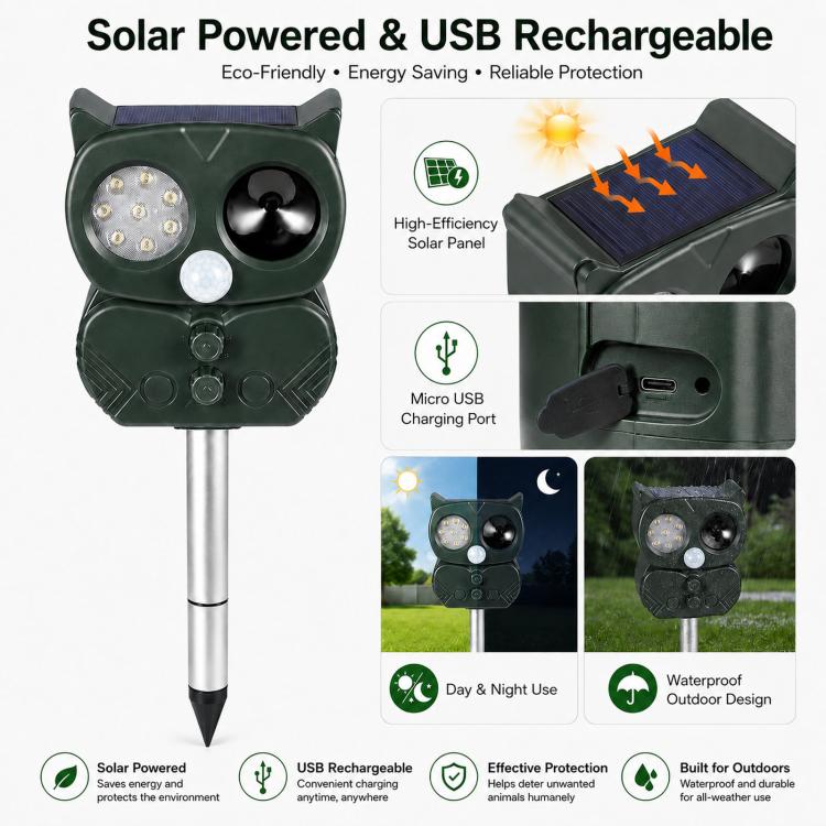 Five-Speed Tuning + Voice-Activated Ultrasonic Solar-Powered Animal Repeller, 704