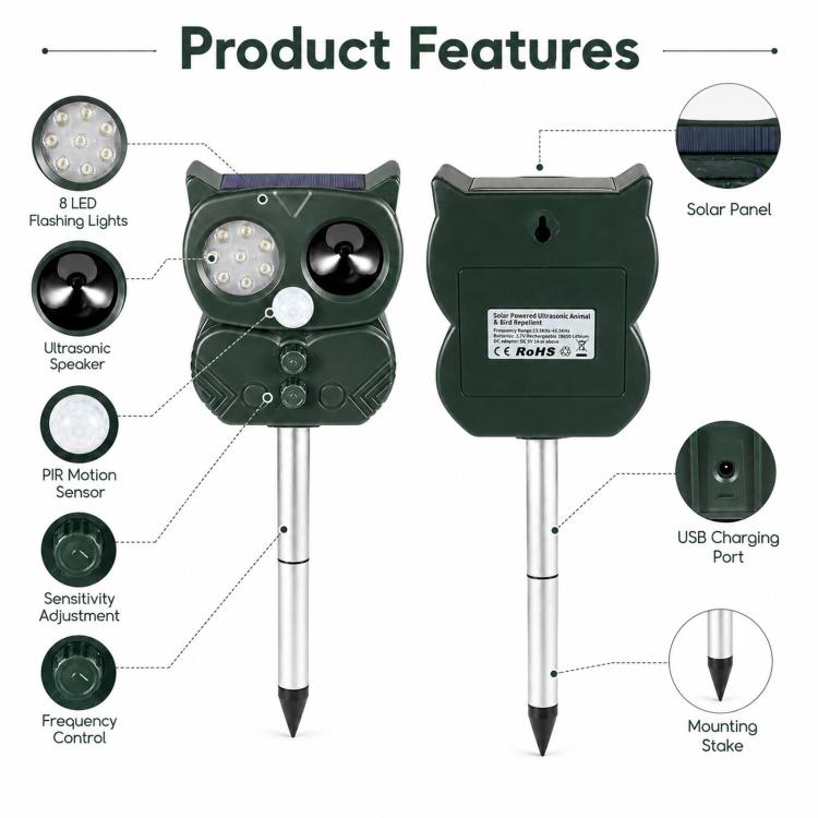 Five-Speed Tuning + Voice-Activated Ultrasonic Solar-Powered Animal Repeller, 704