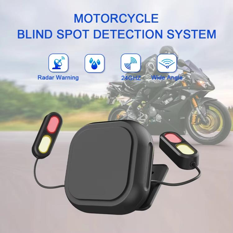 Motorcycle blind spot radar controller with two LED alert pods mounted on bike.
