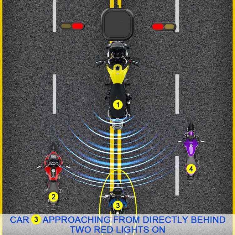 Top view lane assist diagram with radar alerts for rear approaching cars and highlighted lights.