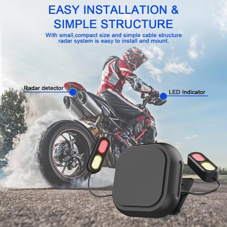Motorcycle radar warning system with black controller and two LED alert pods.