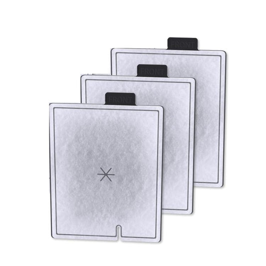 3 replacement activated carbon filter pads, square grey media with corner latch cutouts