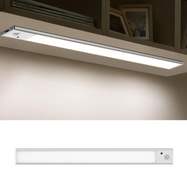 White-lit silver motion-sensor light bar under cabinet with side sensor window