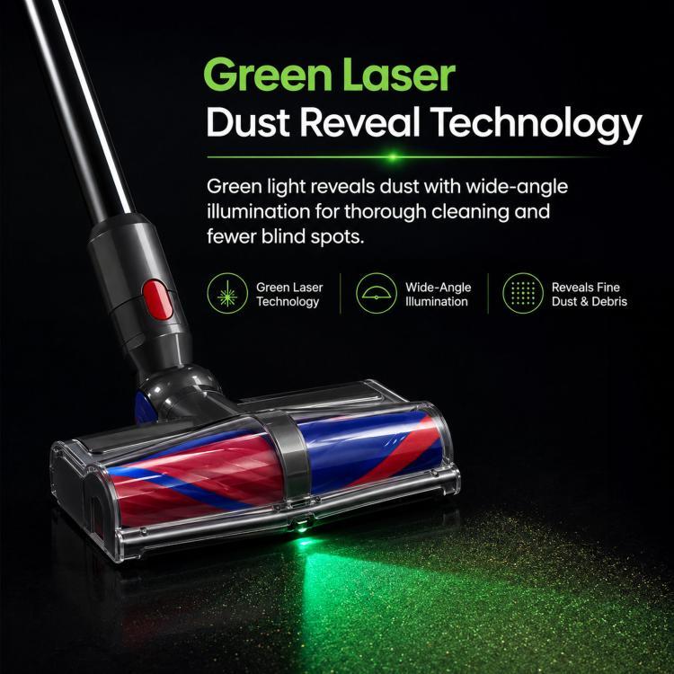Floor cleaner head with blue/red roller drum and green light dust reveal beam