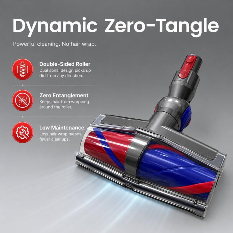 Vacuum cleaner head with blue and red clear roller drum and red power button