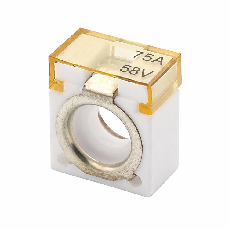 Ceramic fuse, 75A rating, gold terminals and white ceramic body