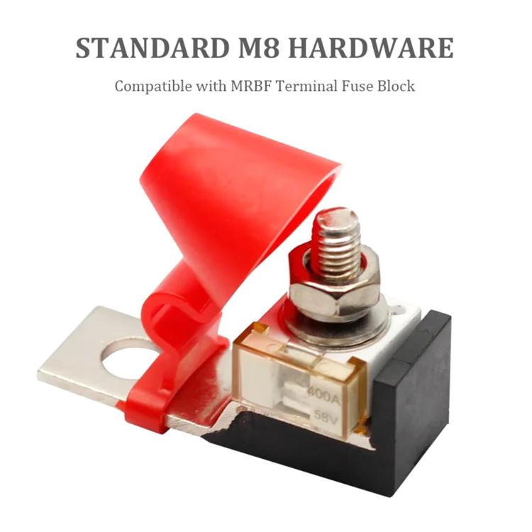 Ceramic fuse with red insulator cover, bolt terminal, and 75A fuse marking