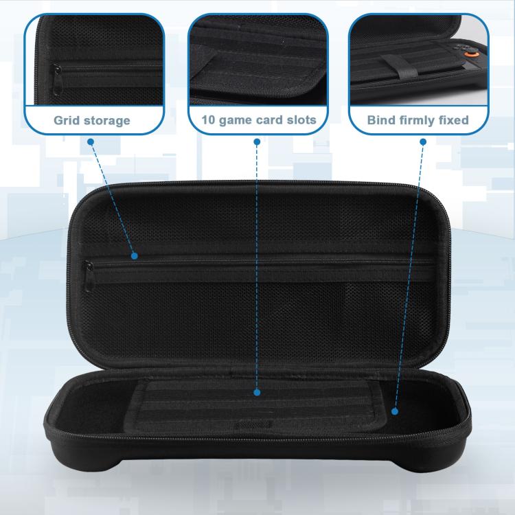 Black EVA travel case interior with mesh pocket and game card slots