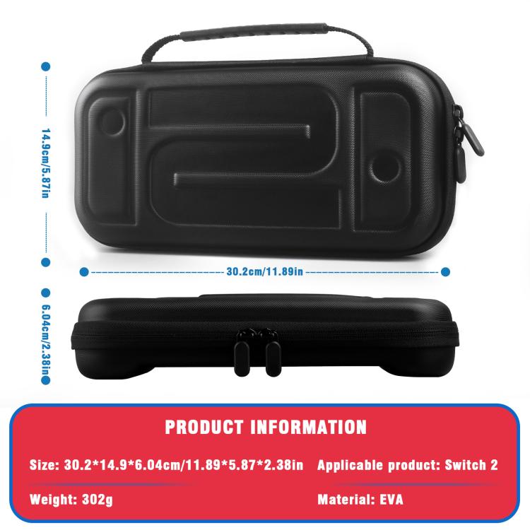 Black EVA hard shell case shown with size diagram and zip closure