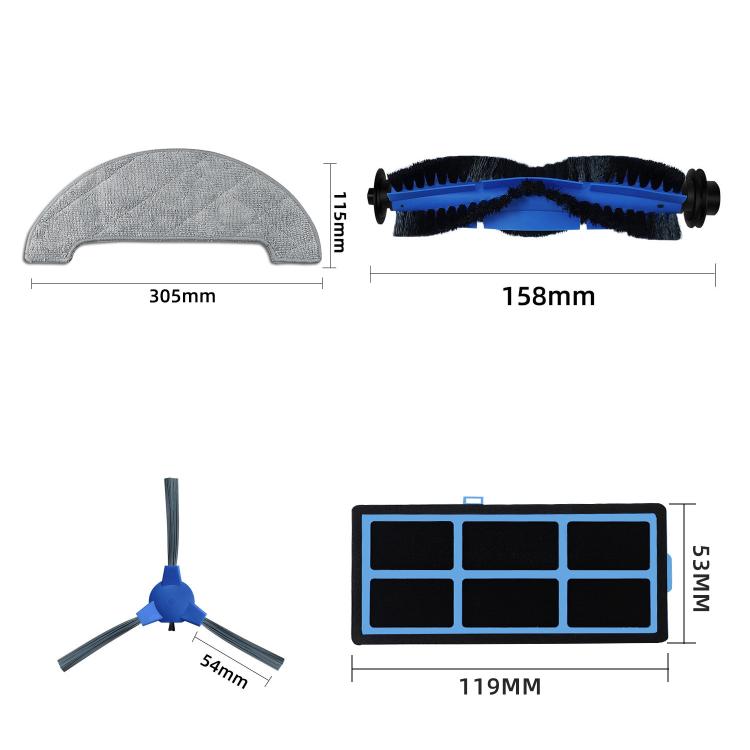 Side brush and mop pad dimensions with replacement parts, blue and gray