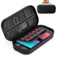 Black game console carrying case with mesh lid open, showing organizer tray and handheld