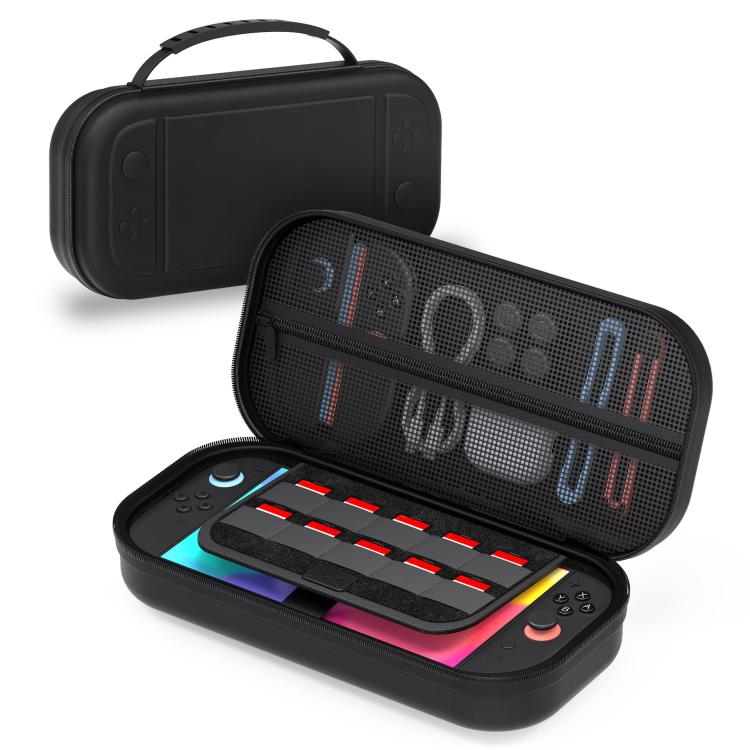 Black hard-shell game console carrying case with mesh front panel and open organizer tray