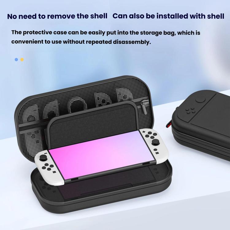 Black protective game console case with mesh lid, holding a white handheld console