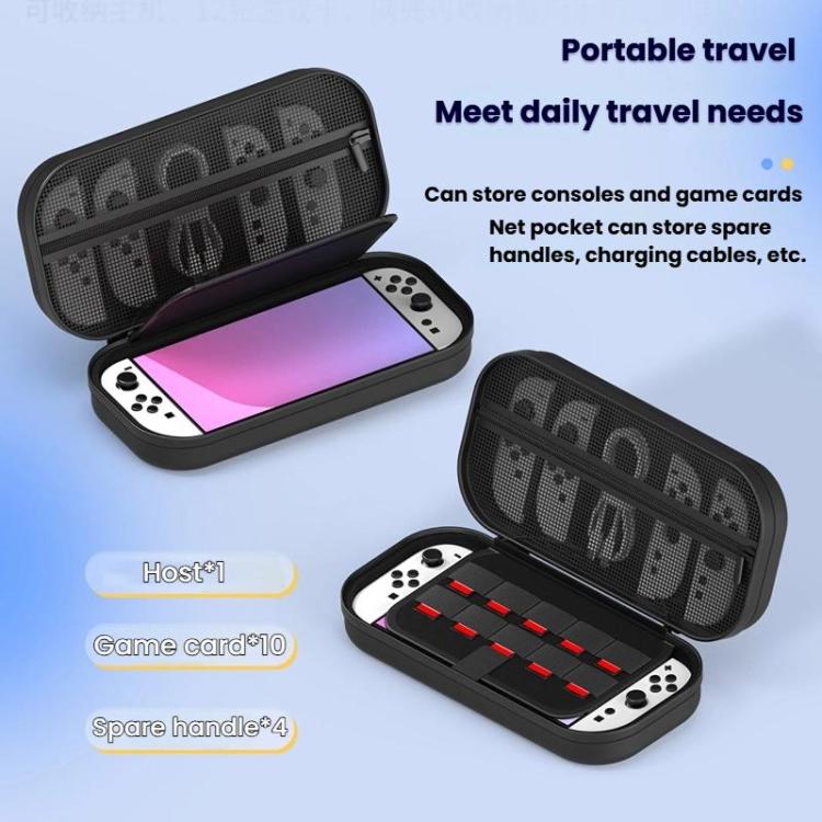 Black portable travel game console carrying case with mesh lid and accessory organizer tray