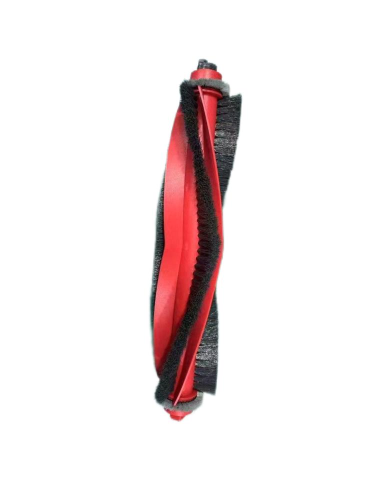 Red and black replacement main brush for robot vacuum, with rotating bristle head