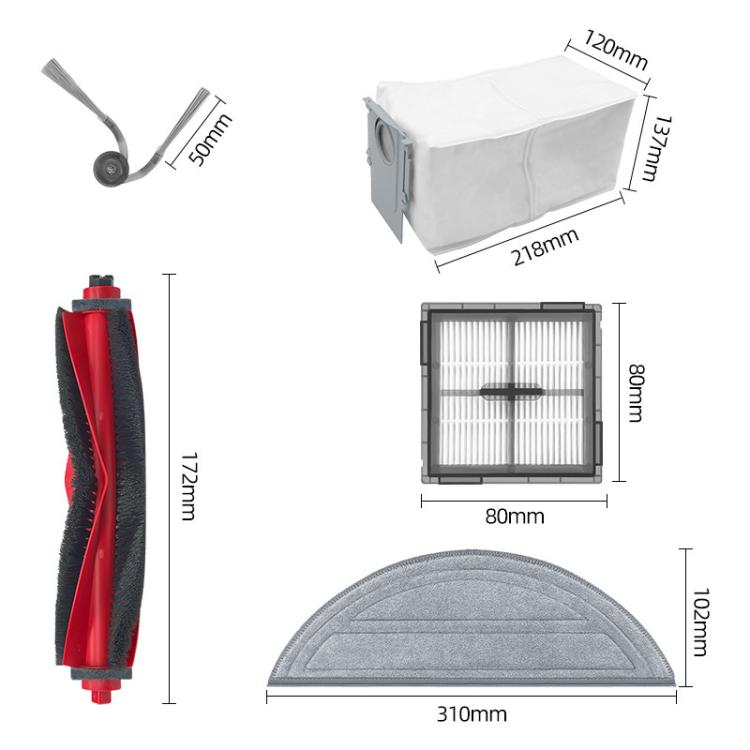 Replacement kit with main brush, filters, mop pads, side brushes, and dust bags