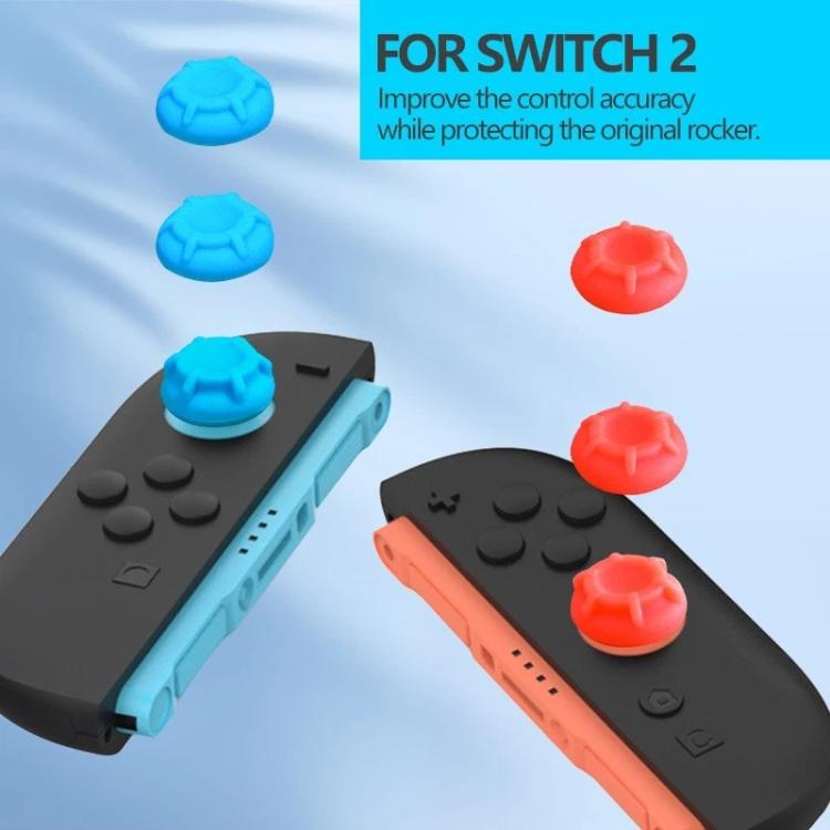 Two controller grips with silicone joystick caps in blue and orange plus extra caps