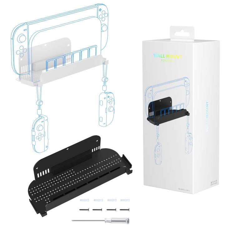 Black wall mount holder with game card tray, shown with included mounting parts
