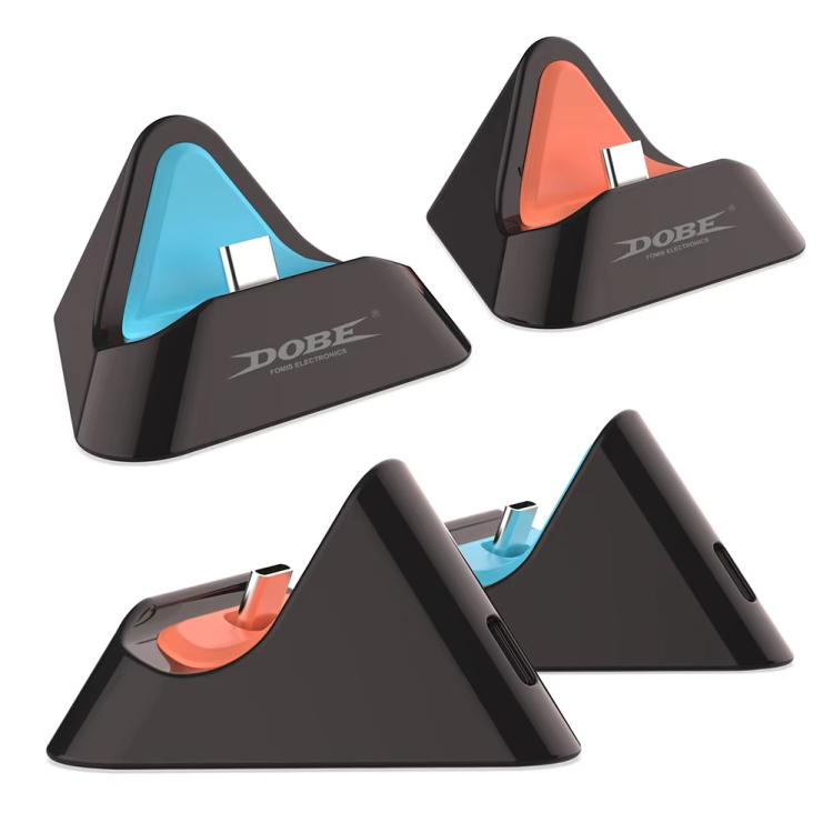 Triangular charging dock with two colored internal stands: blue and orange