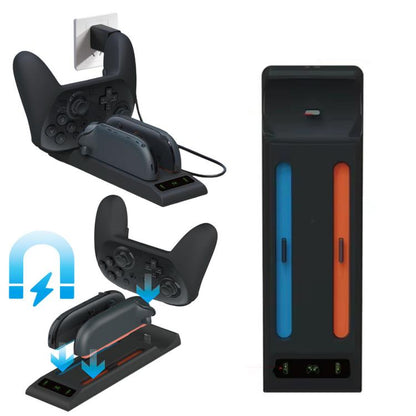 3-in-1 charging dock for game controllers with LED-lit slots and controller stands