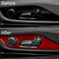 Red carbon-fiber style seat adjustment decorative stickers applied on car panel