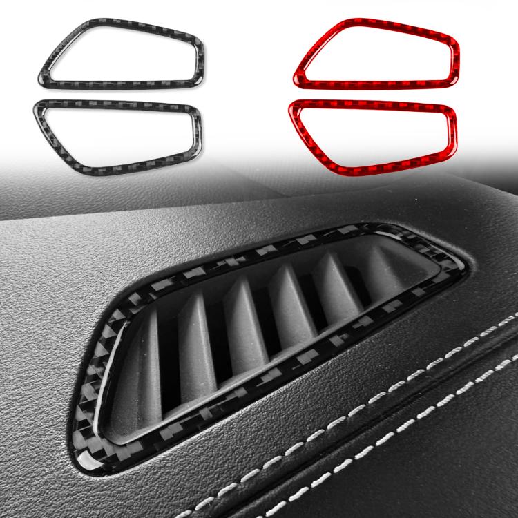 Dashboard air vent trim stickers, red and black carbon-fiber style over vent grille