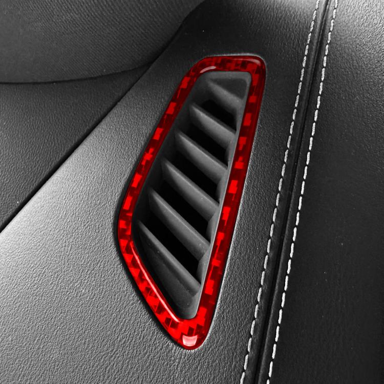 Dashboard air vent trim sticker, red carbon-fiber style, close-up on vent grille