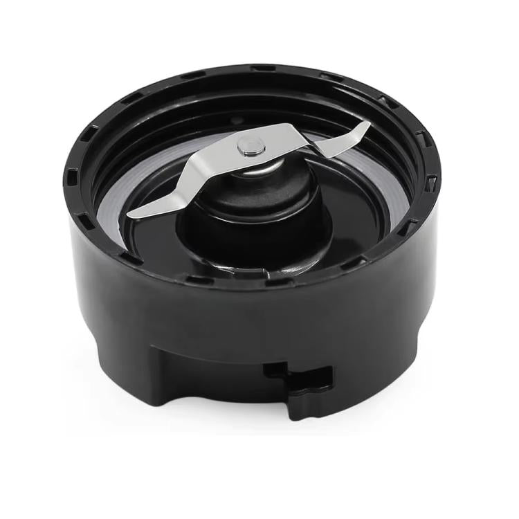Black blender base with flat metal blade rotor and central spindle