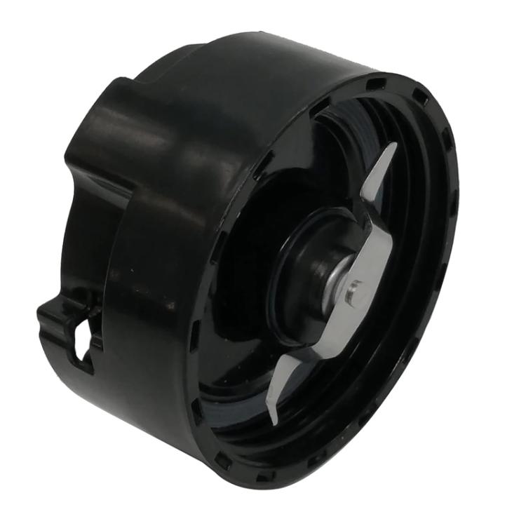 Black blender base side view with central shaft and metal blade rotor