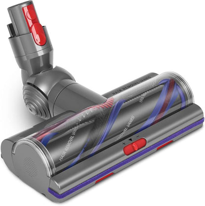 Gray vacuum brush head with purple edge and red suction control button