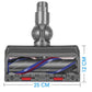 Vacuum brush head with exposed roller, gray body, purple trim, red settings