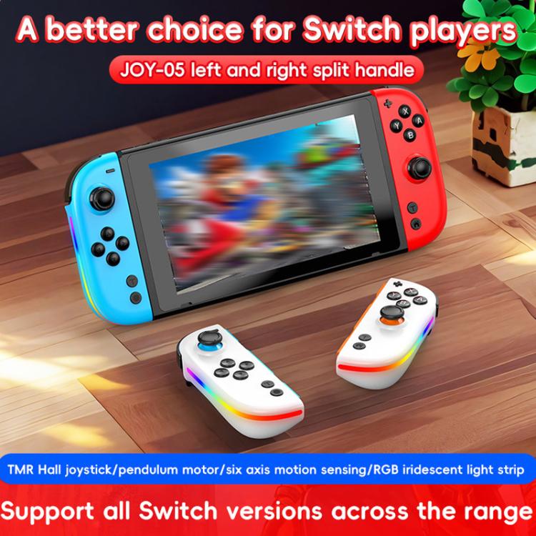 Blue and red split joy-con controllers with rainbow RGB light strips