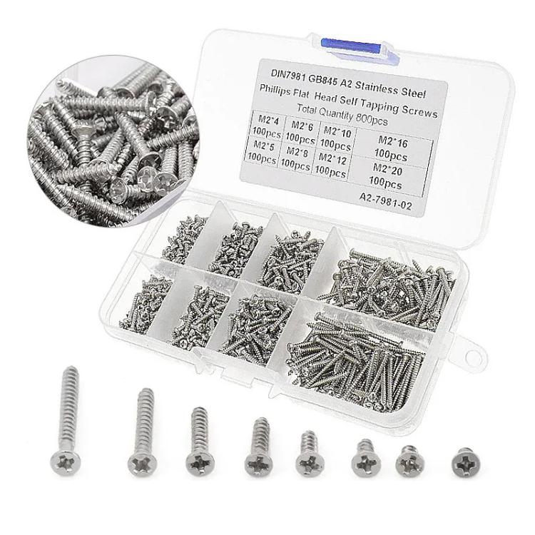 Self-tapping Phillips screw kit organizer with loose silver screws and labeled compartment