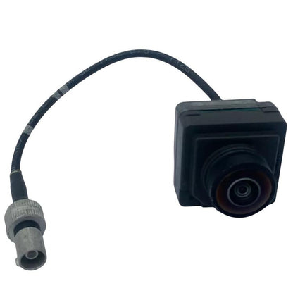 Parking assist camera with black cable and rectangular housing, front lens view