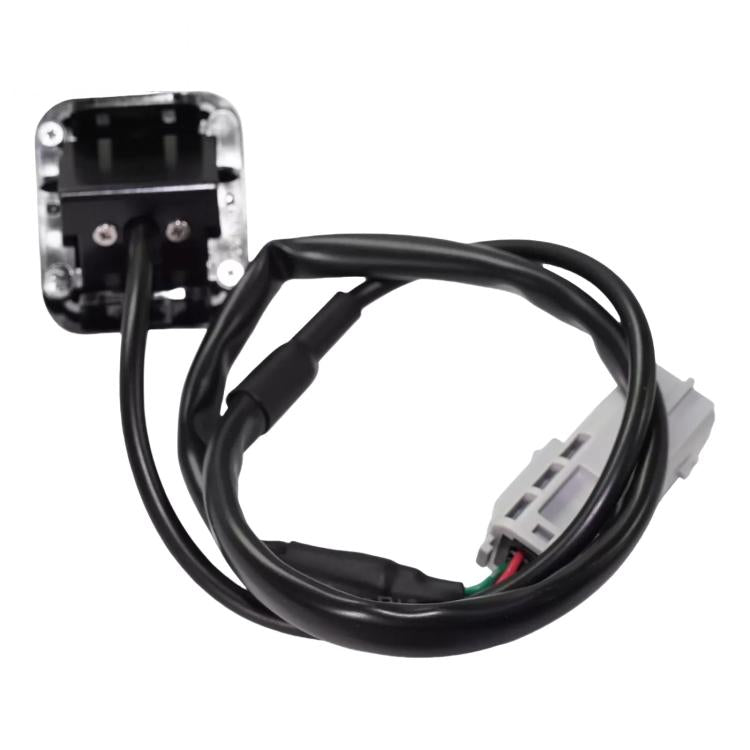 Reversing parking assist camera with mounting bracket, black cables, and white connector