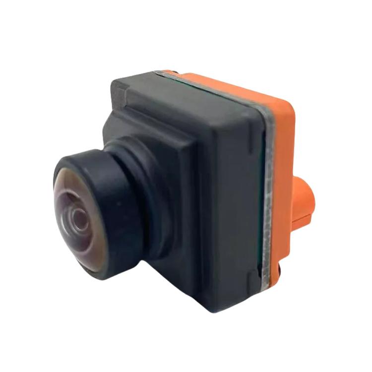Reversing camera with black housing and round lens, orange mounting side tabs