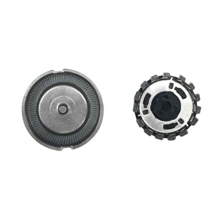 2-pack razor blade replacement heads with silver circular plate and black drive core