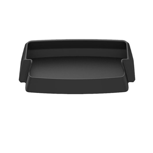 Center console armrest storage box, dark matte black tray with open compartment
