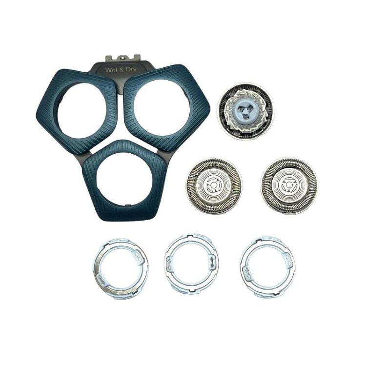 Electric shaver upper head assembly kit with dark blue frames and 3 foil cutters