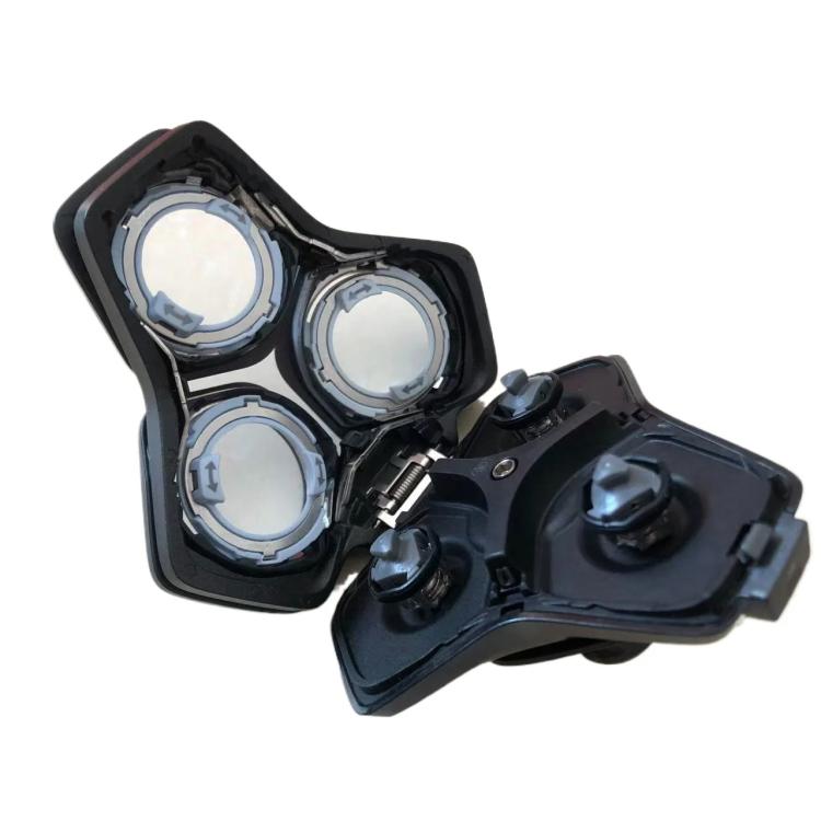 Electric shaver upper head assembly, angled view with black housing and 3 foil cutters