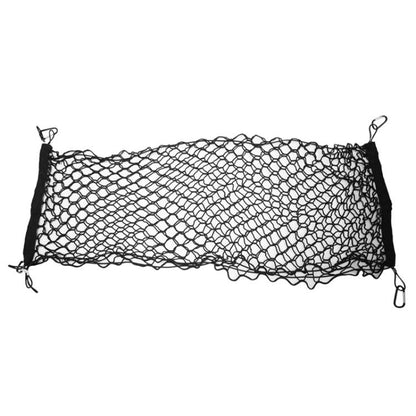Black mesh trunk net bag with elastic edges and corner hooks