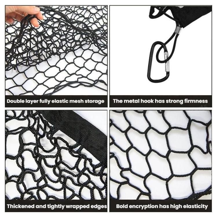 Black elastic mesh trunk net with metal hook and tightly wrapped edges
