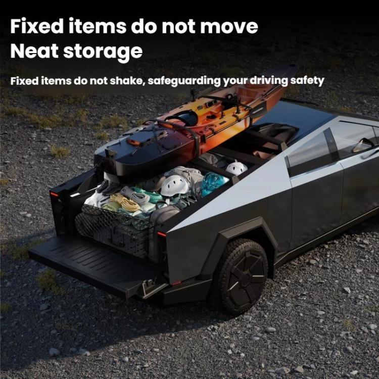 Black trunk net storage bag secured over cargo to prevent shifting