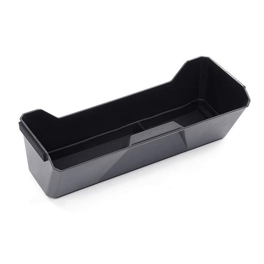 Front seat storage box tray, matte black and gray with raised side handles