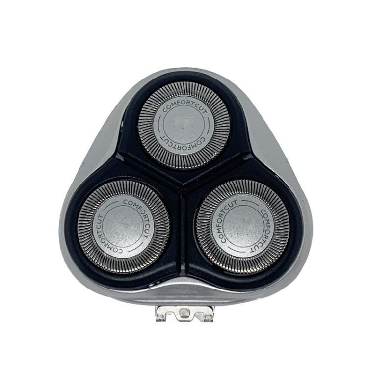 Triangular replacement shaver head with three rotary cutters in black and silver