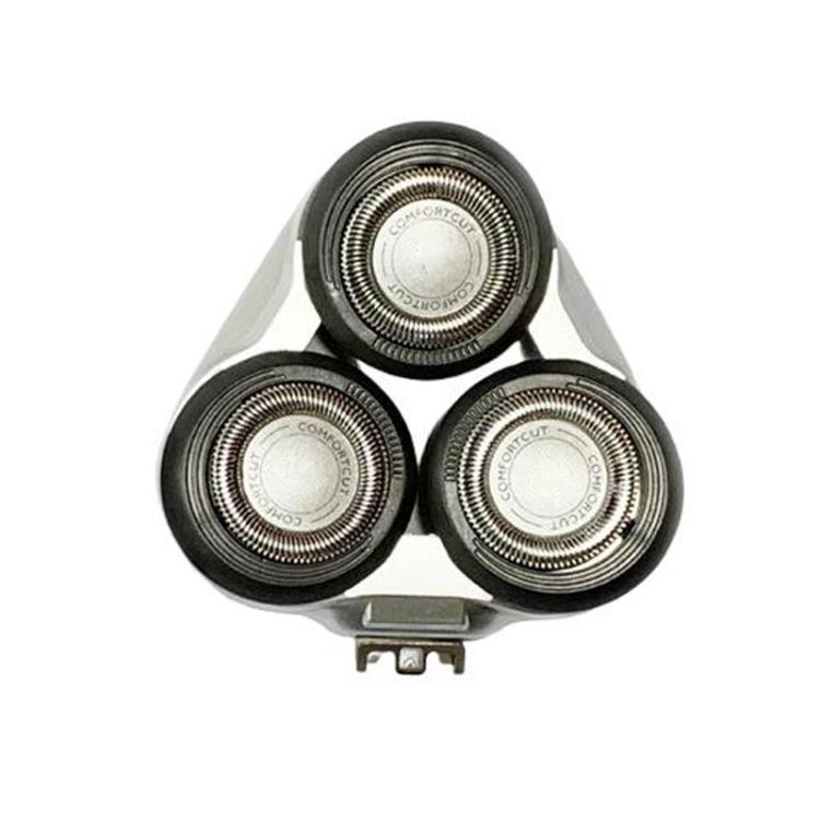 Shaver blade and bracket set with three cutting heads in black and silver